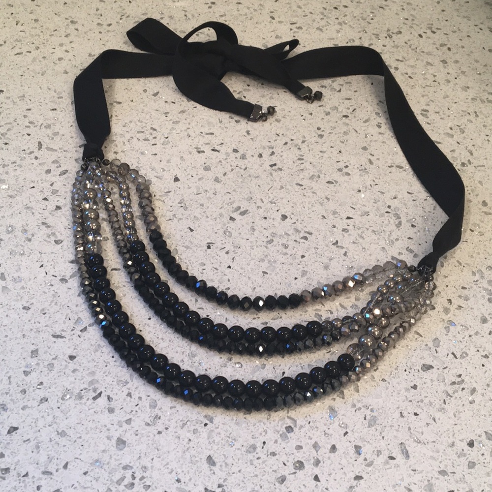 Black and silver beaded ribbon necklace